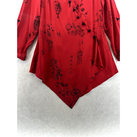 Soft Surroundings Small Tunic Top Pagoda Asian Wrap Button V Neck Red Black - Picture 8 of 9